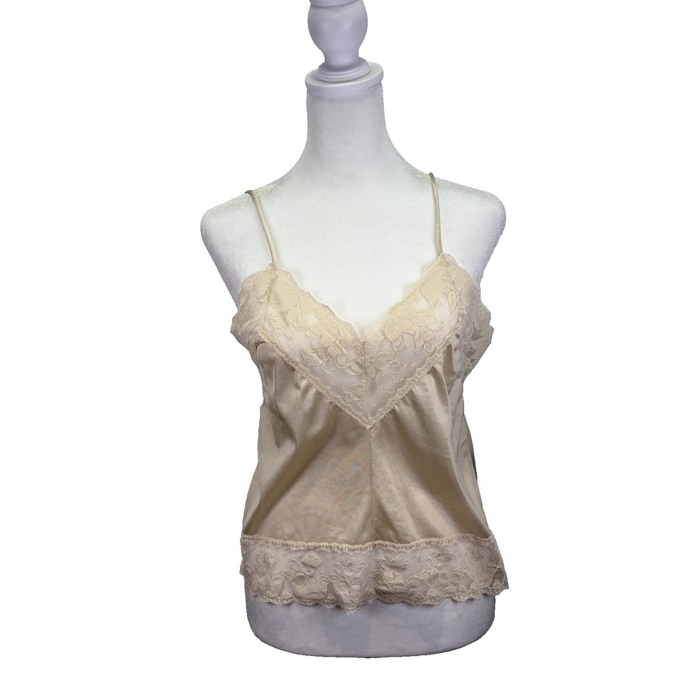 Vintage 70's Flair Lingerie Cami Top Size S Cream Satin‎ Lace Babydoll Coquette
